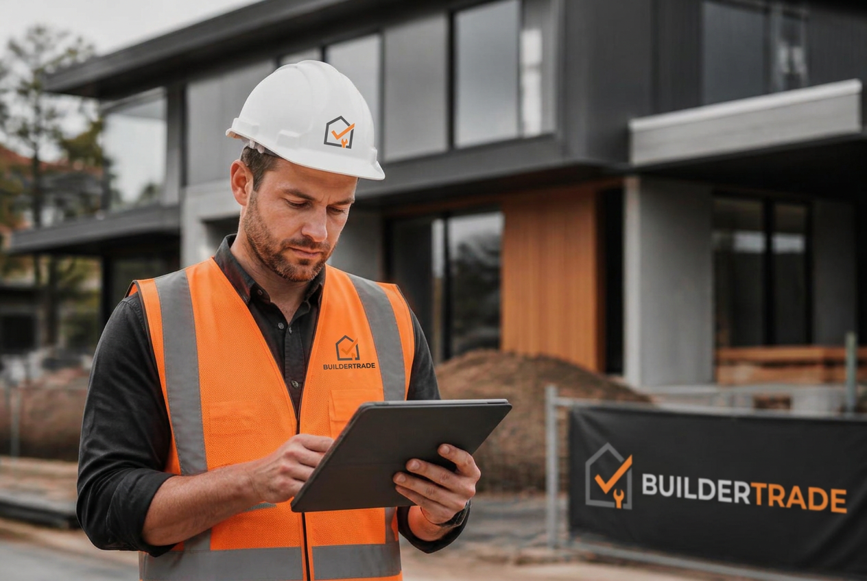 Australian residential builder reviewing plans on a home construction site